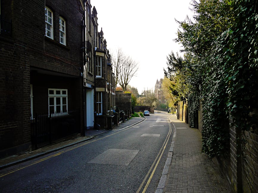 A narrow residential road lined with leafy green trees leading into a tunnel under a hillside, with a black gate featuring a decorative circular emblem at the entrance, adjacent to a stone wall and garden. On the right side, there are traffic signs indicating a 40 mph speed limit and a lane merge, as well as a power pole with overhead cables. The scene reflects a quiet area suitable for home relocation and furniture transport, with the road curving past the tunnel entrance. This setting exemplifies a typical environment where Man With a Van Forest Gate provides removals and moving services, combining natural surroundings with logistical considerations for home moves.